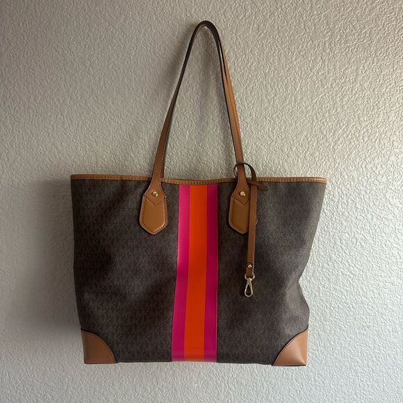 Michael Kors Eva Large Signature Logo Orange & Pink Stripe Tote Bag w/clutch - Picture 5 of 13